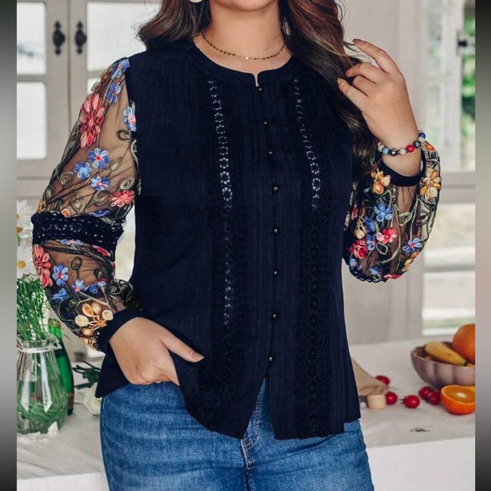 Boho Sheer Mesh Floral Embroidered Button Down Up Shirt Top Blouse Navy Blue - Picture 4 of 8